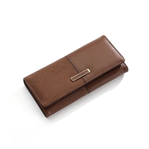 Brown long patchwork wallet for women featuring textured faux leather and metal clasp