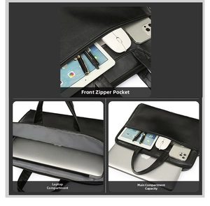 Detail showing the front zipper pocket, laptop compartment, and large main storage capacity