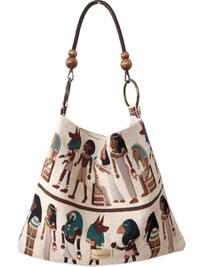 Vintage canvas tote bag with ancient Egyptian jacquard pattern and beaded leather strap