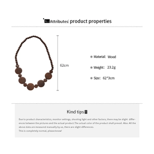 Detailed size chart for vintage wooden bead necklace with circular geometric pendant