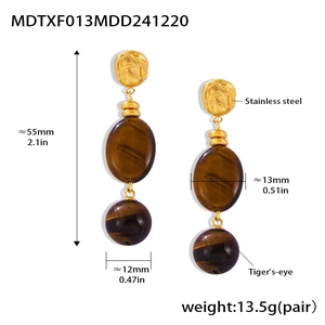 Detailed technical drawing of tiger-eye drop earrings showing length and material dimensions