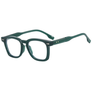 Stylish oversized dark green square eyewear frame with metallic wing rivets on white background