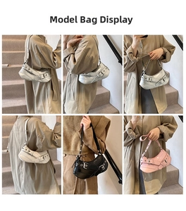 Detail showing metallic leather shoulder bag colors in silver, white, black and pink