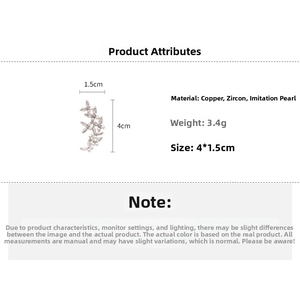 Detailed size chart showing silver leaf ear cuff with zircons and pearls, 4*1.5cm dimension
