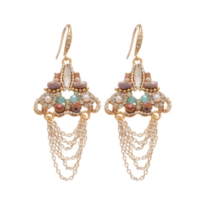 Bohemian crystal triangle tassel earrings in gold with colorful beads and long chains