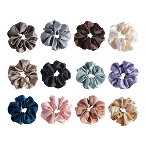 Set of 12 vintage style satin silk scrunchies in assorted premium solid colors