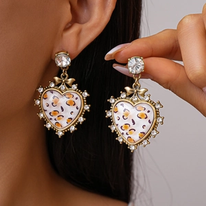 Vintage Resin Leopard Print Heart Drop Earrings With Rhinestone Bowknot And 925 Sterling Silver Earring Post For Women