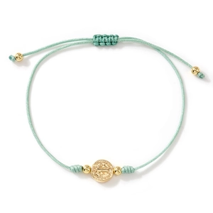 Handmade woven mint green rope bracelet with a vintage gold religious medal charm