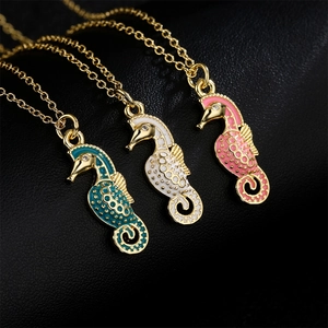 Seahorse Pendant Necklace Copper 18K Gold Plated Enamel Zircon Cute Ocean Style Jewelry For Women