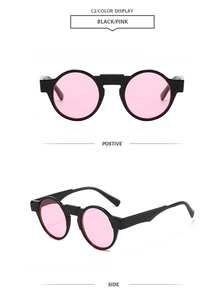 Detailed views of vintage round black frame sunglasses with pink lenses from multiple angles