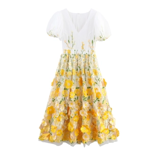 Robe Maxi Femme Élégante Col V Manches Bouffantes Broderie Florale 3D Tulle Maille Robe De Soirée Fleurie