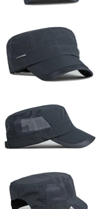 Detalle del panel de malla gris transpirable y hebilla ajustable en la gorra plana negra
