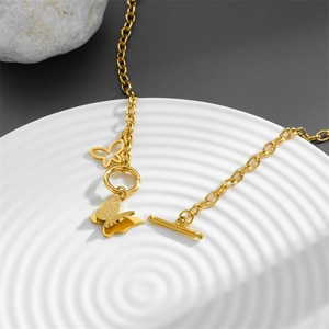 Titanium steel layered butterfly pendant necklace with OT toggle clasp in gold finish