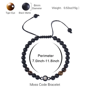 Adjustable Morse Code Bracelet with 6mm Tiger Eye and Matte Black natural stone beads