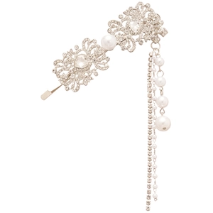 Elegant square fringe hair clip with heart rhinestones and pearl tassels on white background