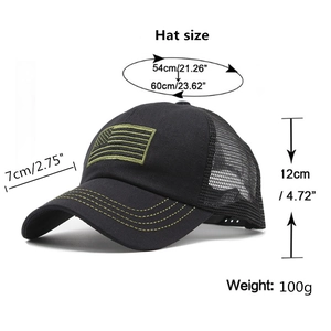 Men's camouflage mesh baseball cap with American flag embroidery and size dimensions