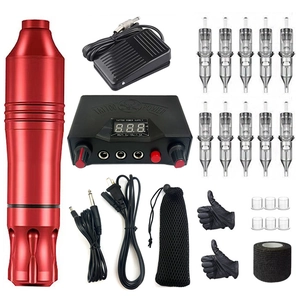 Complete rotary tattoo machine kit with red motor pen, digital power supply, and needles