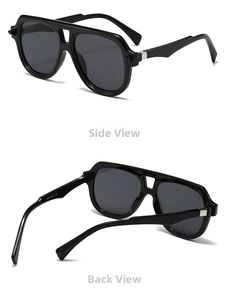 Detailed side and back views of black pilot sunglasses with double bridge and metal accents