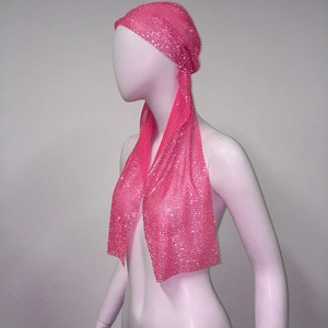 Detailed view of shimmering magenta rhinestone fishnet durag cap for party fashion