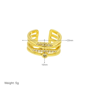Detailed view of triple-layered gold ring dimensions and weight including zircon details