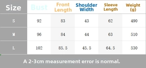 Detailed size guide table for minimalist long blazer showing chest and length in cm