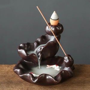 Ceramic lotus leaf backflow incense burner with koi fish decor and smoke effect