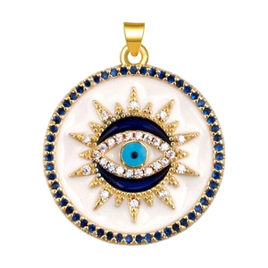 Gold-plated evil eye sun pendant with blue gemstones and white enamel inlay for jewelry