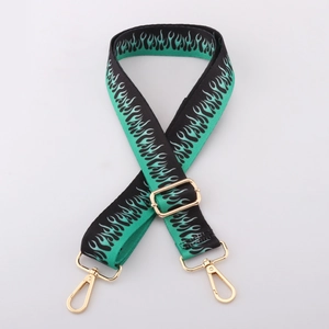 38mm adjustable striped bag strap with green flame pattern and gold hardware