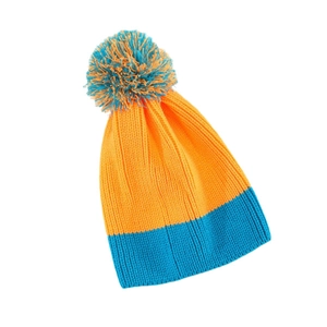 Winter knitted beanie in orange and blue color block design with a matching pom-pom