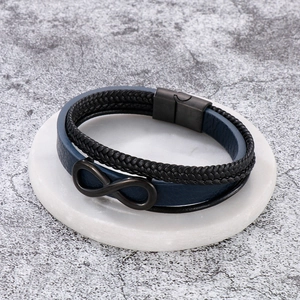 Men's multilayer leather infinity bracelet with blue braid and metal magnetic clasp