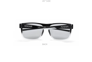 Rear view of polarized sports sunglasses with black and white gradient frame and hinges