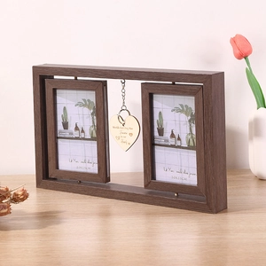 Rotating brown wooden double photo frame for pet memorial with heart charm and tulip decor