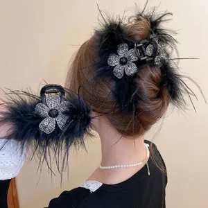 Pince À Cheveux Élégante Avec Plume D'oie En Acrylique Et Fleur De Strass Pince Requin De Luxe Pour Femmes