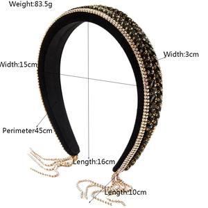 Luxurious black velvet padded headband with crystal tassels and sparkling rhinestones