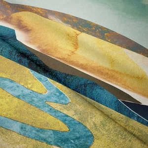 Macro detail of abstract mountain landscape tapestry fabric with soft matte texture