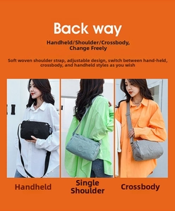 Detailed view of versatile nylon multi-pocket bag showing clutch, shoulder, and crossbody styles