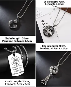 Detail of four men's gothic necklaces featuring a military tag, dragon medal, and ring charm