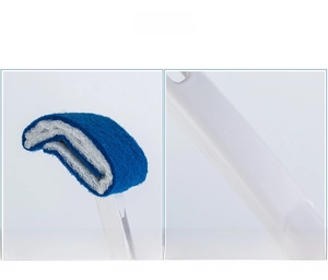 Detail of curved blue fiber brush head and white plastic long handle with hanging hole