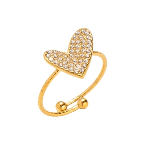 Detailed view of an open golden heart ring featuring sparkling pavé crystals