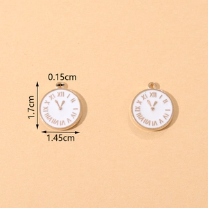 Gold clock charm with white enamel dial and size specs for jewelry making