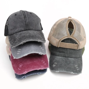 Washed Cotton Mesh Baseball Cap With Ponytail Hole Distressed Vintage Breathable Sunshade Outdoor Adjustable For Women