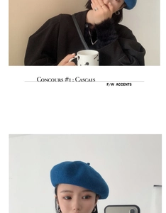 Vertical collage of a blue wool beret showing styled wearing and close-up detail shots