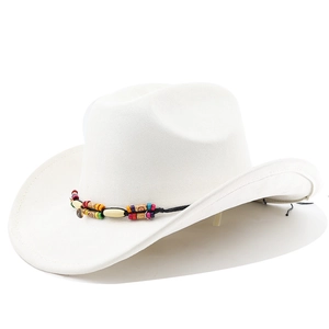 Detail of white suede cowboy hat featuring colorful beaded trim and curved brim