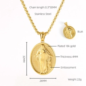 Macro view of 18k gold plated religious relief pendant with precise measurements