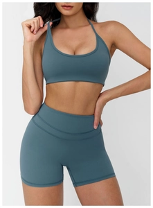 Détail du short de fitness taille haute et du soutien-gorge de sport dos nu bleu gris