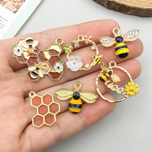 Set of 6 cute yellow enamel bee and honeycomb alloy pendants for DIY jewelry making