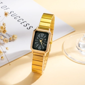 Elegante quadratische Damenuhr in Gold mit schwarzem Zifferblatt und Gliederkette