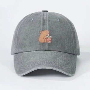 Vintage gray washed denim baseball cap with cute guinea pig drinking milk tea embroidery