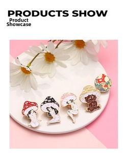 Detailed set of five creative mushroom elf enamel pins with colorful alloy finishes