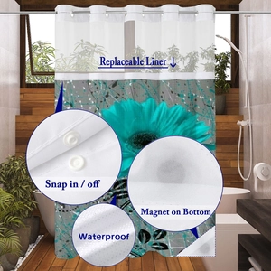 Detail showing waterproof waffle shower curtain with snap-in liner and magnetic bottom